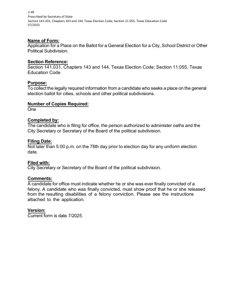First page of the Application for a Place on the Ballot for a General Election
