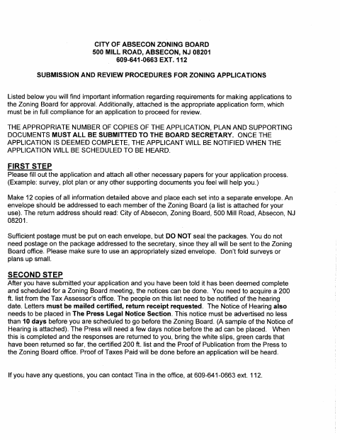 First page of the Zoning Board Application for Variances and Grounds of Appeal