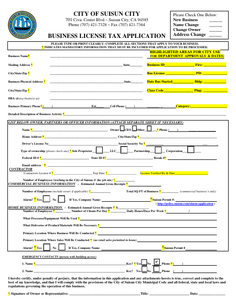 First page of the Business License Application