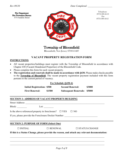 First page of the Vacant Property Registration Form