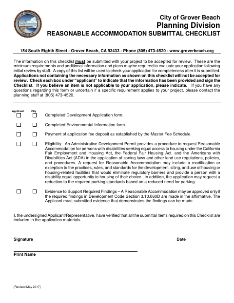 First page of the Reasonable Accommodation Submittal Checklist