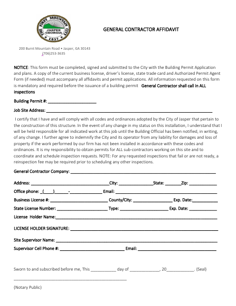 First page of the General Contractor Affidavit