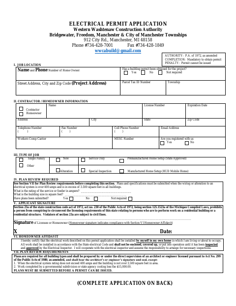 First page of the Electrical Permit Application