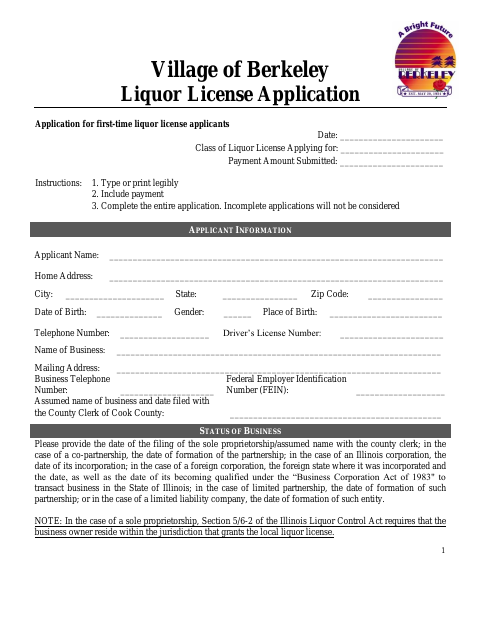 First page of the Liquor License Application