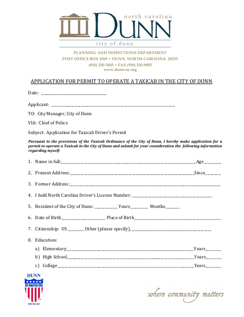 First page of the Taxicab Permit Application Package