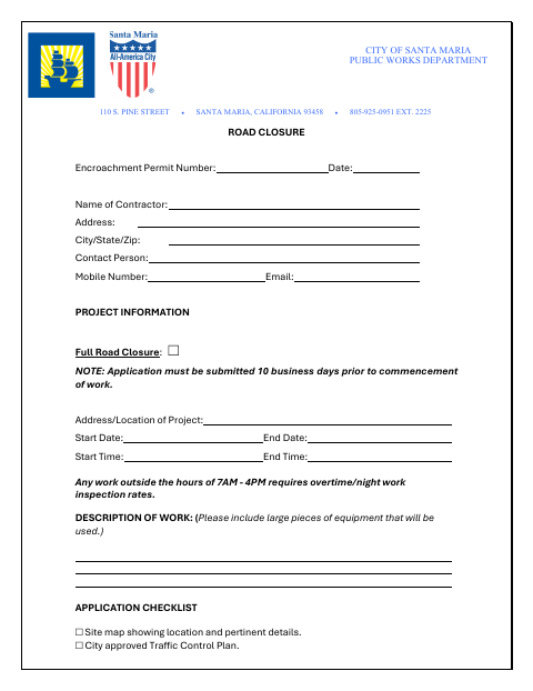 First page of the Road Closure Application