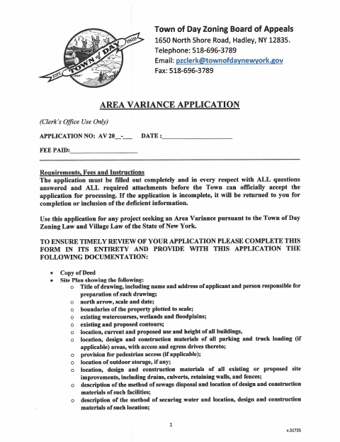First page of the Area Variance Application