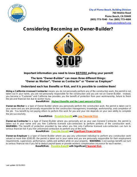 First page of the Owner-Builder Permit Package