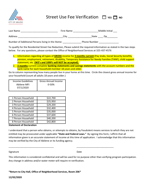 First page of the Street Use Fee Verification