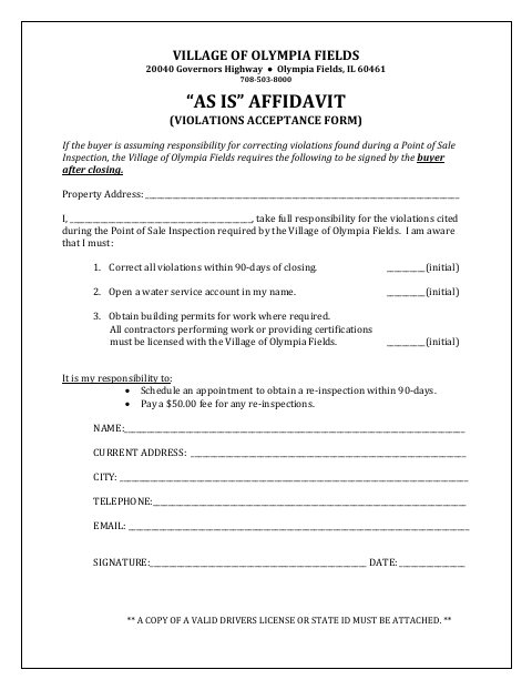 First page of the As Is Affidavit (Violations Acceptance Form)
