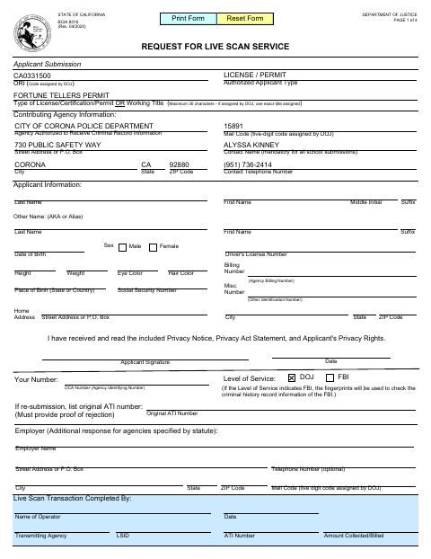First page of the Fortuneteller Live Scan Form