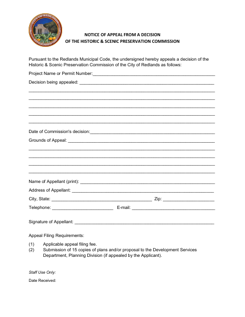 First page of the Notice Of Appeal From A Decision Of The Historic & Scenic Preservation Commission