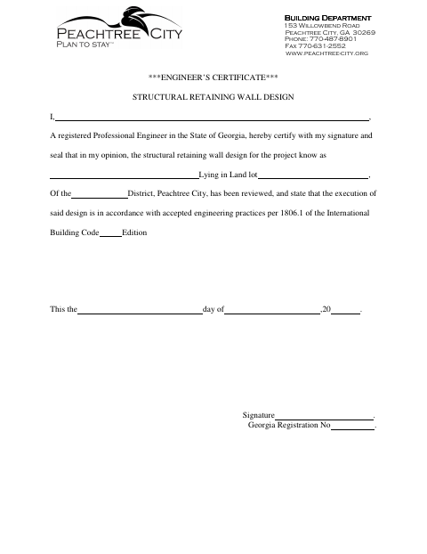 First page of the Engineer's Certificate of Retaining Wall Design