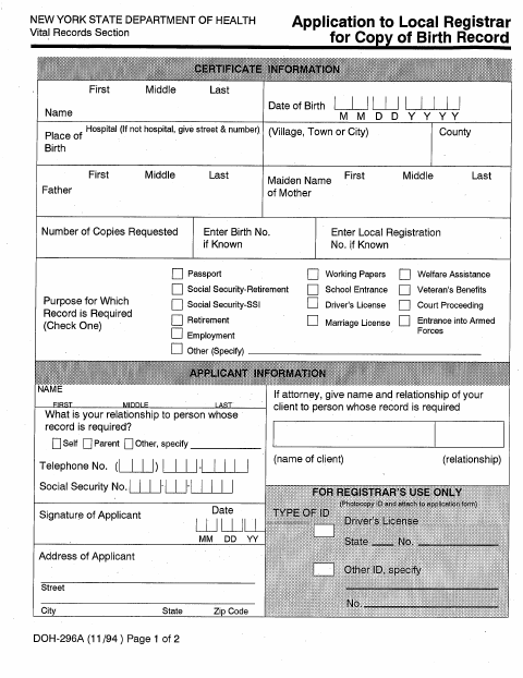 First page of the Application for Birth Record