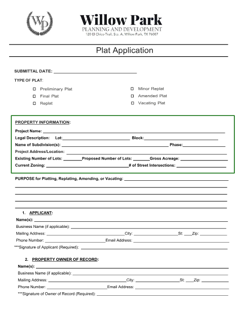 First page of the Plat Application