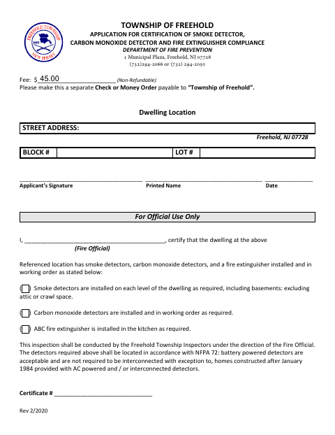First page of the Application for Certification of Smoke Detector, Carbon Monoxide Detector and Fire Extinguisher Compliance