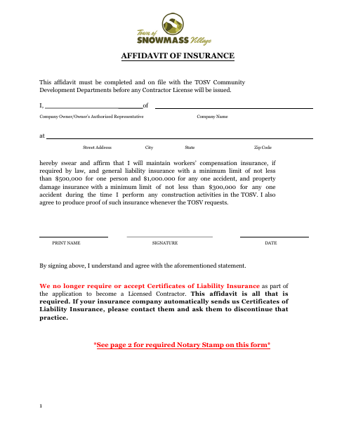 First page of the Affidavit of Insurance