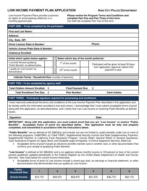 First page of the Low Income Payment Plan Application