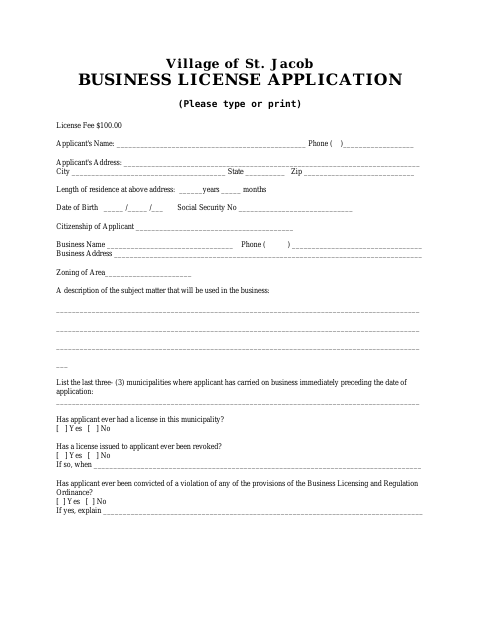 First page of the Business License Application