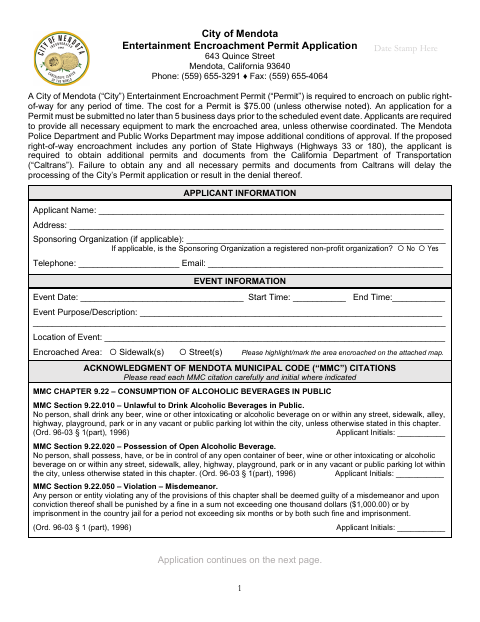 First page of the Entertainment Encroachment Permit Application