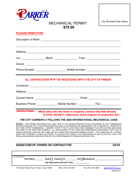 First page of the Mechanical Permit