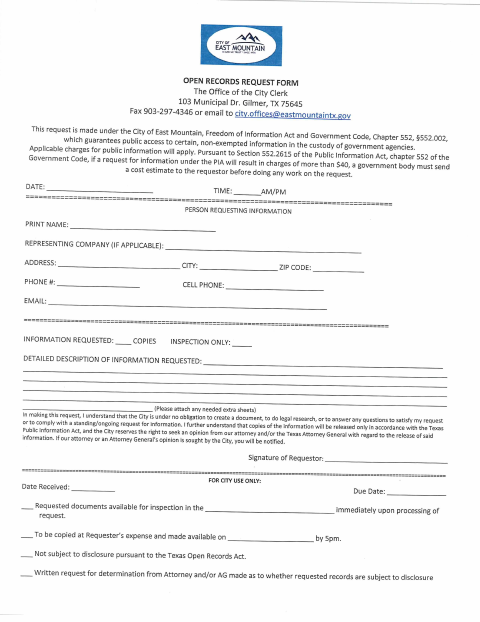 First page of the Open Records Request Form