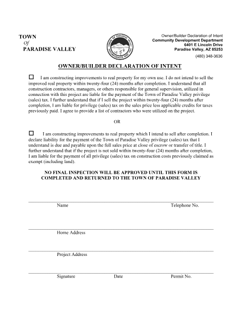 First page of the Owner Builder Declaration of Intent