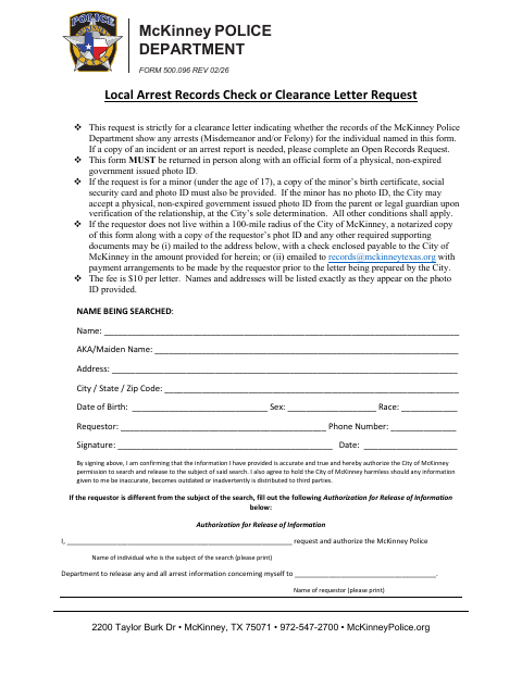 First page of the Local Arrest Records Check or Clearance Letter Request