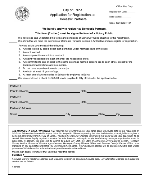 First page of the Application for Registration as Domestic Partners
