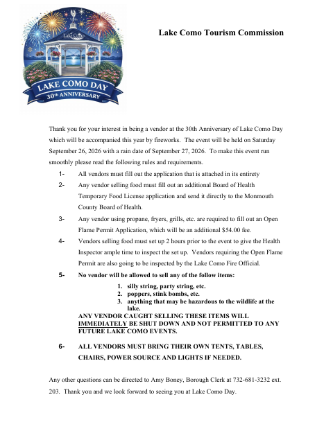 First page of the Lake Como Day Vendor Application