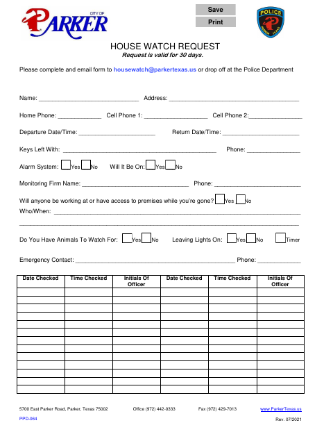 First page of the House Watch Request