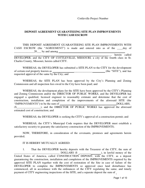 First page of the Site Plan Cash Escrow Deposit Agreement