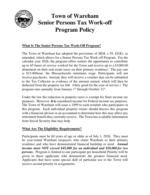 First page of the Senior Persons Tax Work-Off Program Application and Agreements