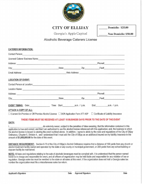 First page of the Alcoholic Beverage Caterer License Application