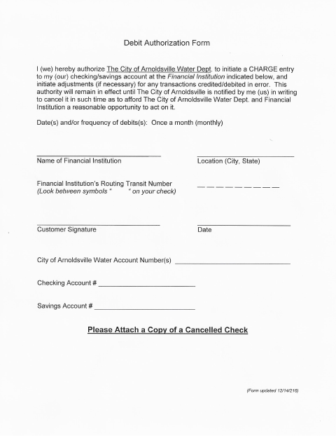 First page of the Debit Authorization Form