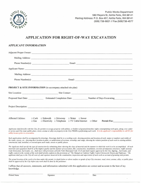 First page of the Right-of-Way Excavation Permit