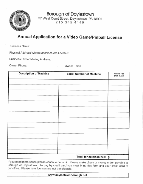 First page of the Video Game/Pinball License Application