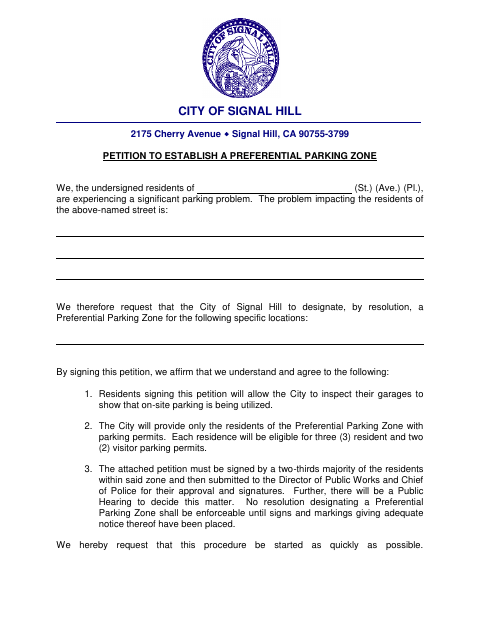 First page of the Petition to Establish a Preferential Parking Zone