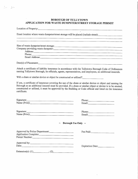 First page of the Waste Dumpster and Street Storage Permit Application