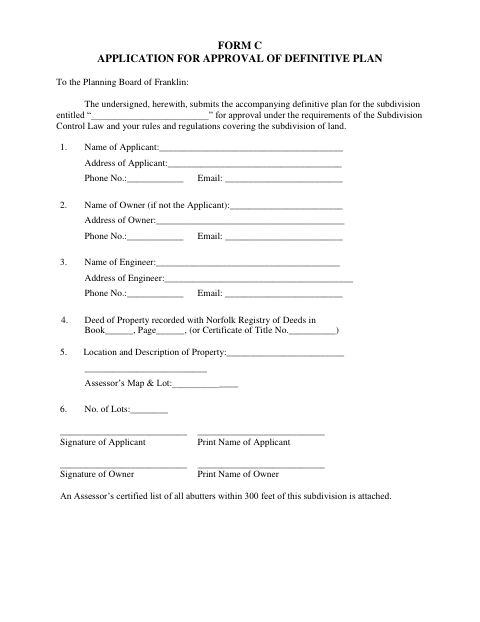 First page of the Form C Definitive Subdivision Application