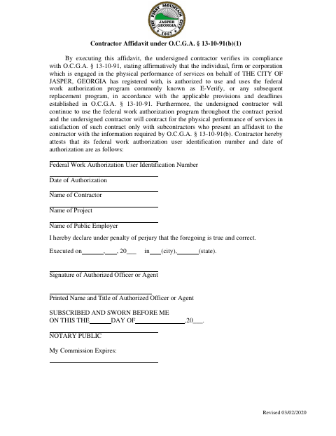 First page of the E-Verify Contractor Affidavit