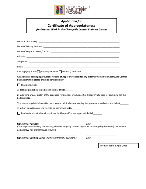 First page of the Certificate of Appropriateness Application