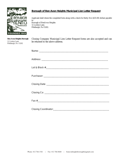 First page of the Municipal Lien Letter Request