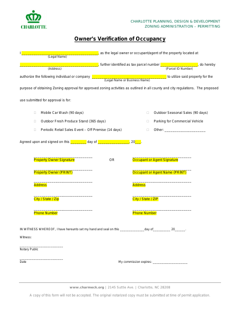 First page of the Owner’s Verification of Occupancy