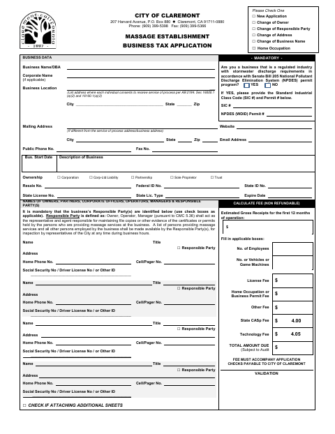 First page of the Massage Establishment Business Tax Application