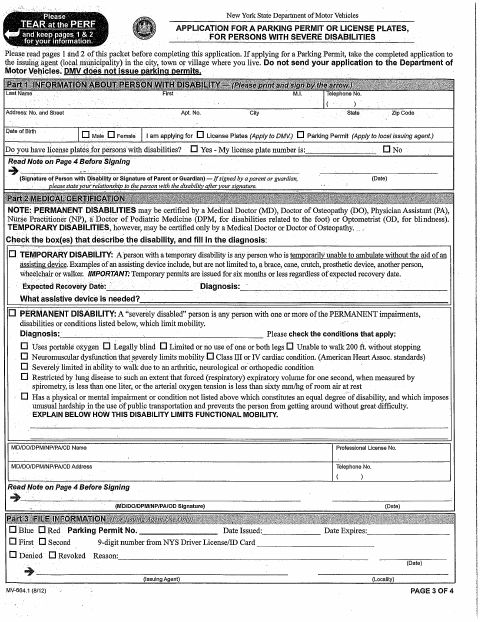 First page of the Parking Permit Application for Persons With Severe Disabilities