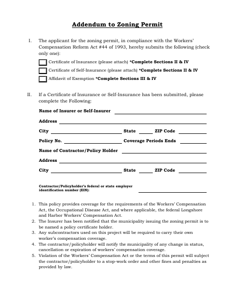 First page of the Addendum to Zoning Permit (Workers’ Compensation Insurance Certification)