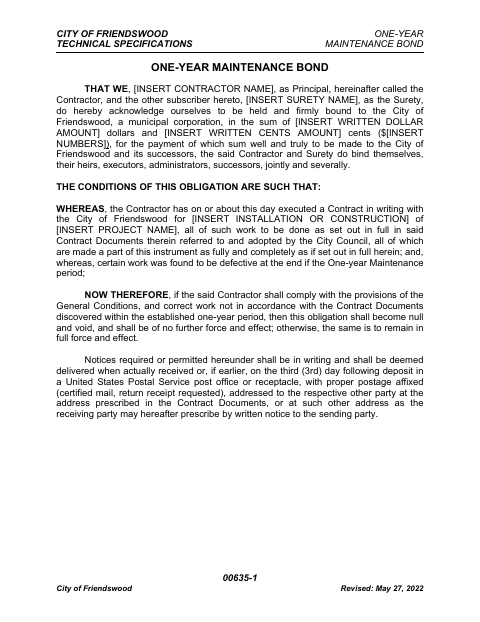 First page of the One-Year Maintenance Bond