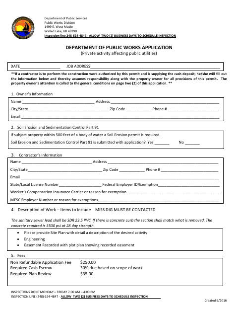First page of the Department of Public Works Application
