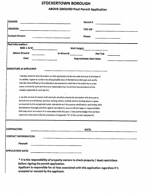 First page of the Above Ground Pool Permit Application